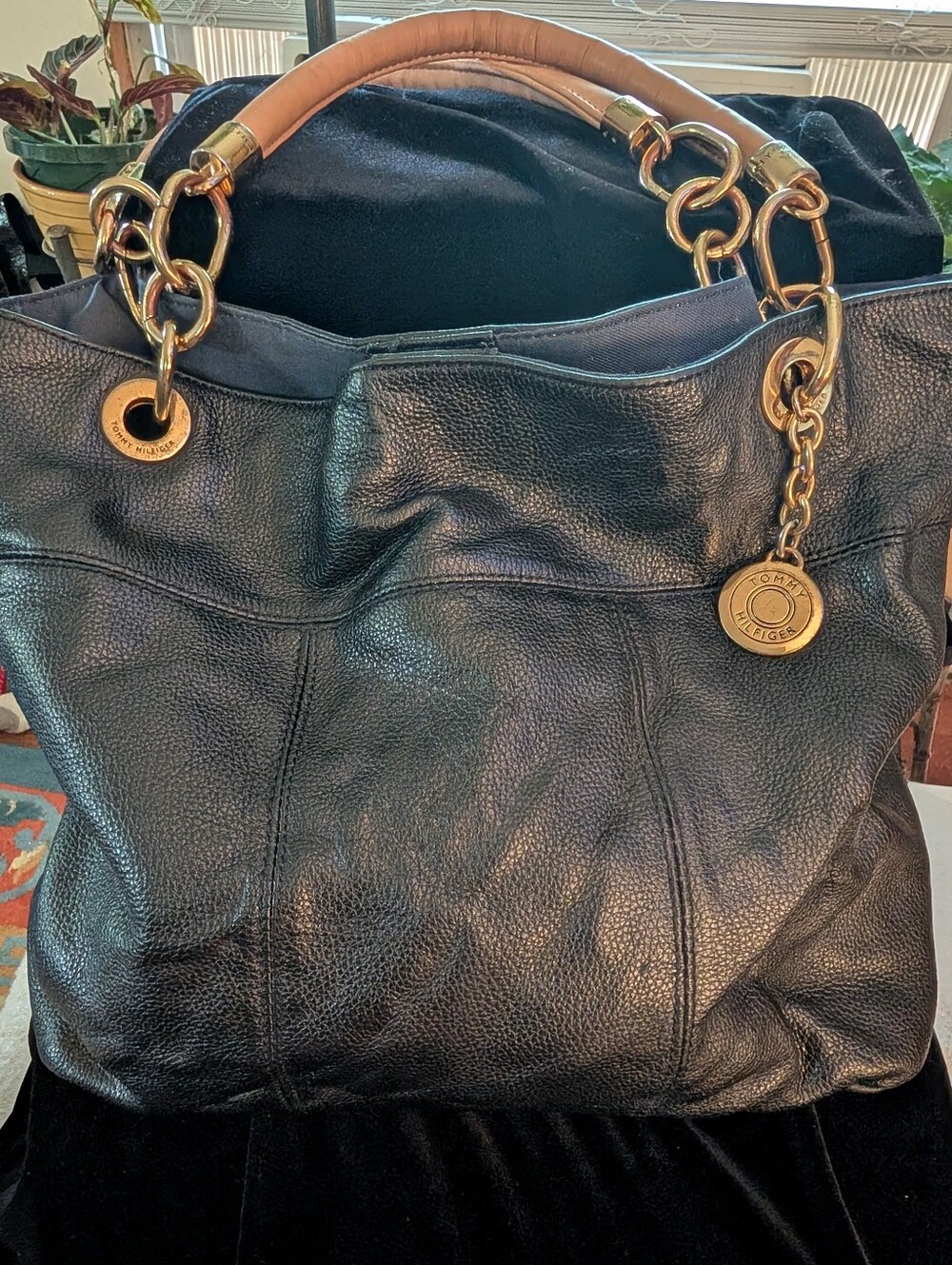 Tommy Hilfiger Deep navy Leather Tote with Gold Chain Details and Tan Handles